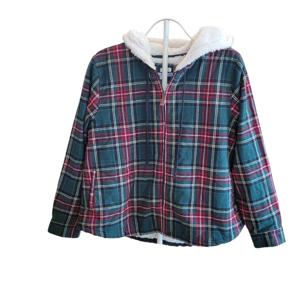 L.L. Bean Jackets & Blazers - LL Bean Womans Sherpa Lined Plaid Flannel Jacket Hoodie XL Petite Relaxed Fit